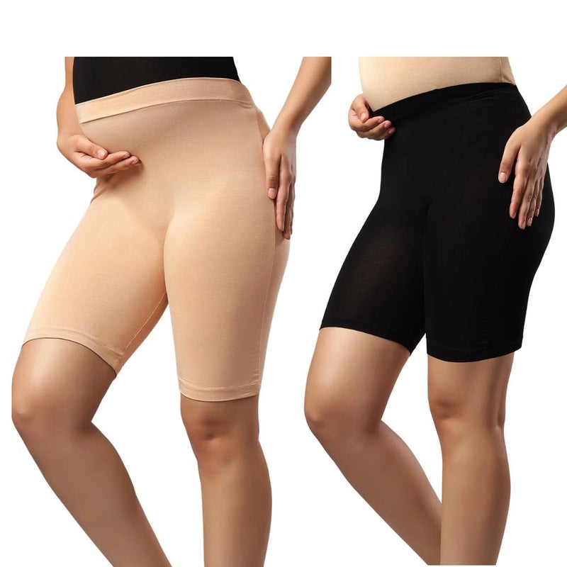 TUMMY Pack of 2 Seamless Maternity Over Belly Support High Waist shorts Panty - Black & Skin - Image 1